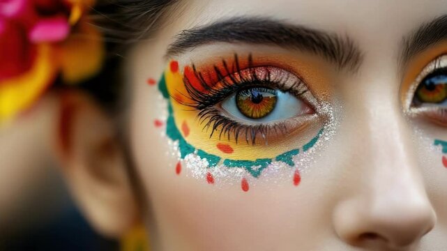 Close-up of woman with colorful artistic eye makeup. Cinco de Mayo, Battle of Puebla Day, Mexican Heritage Festival - Latin American Cultural Celebration