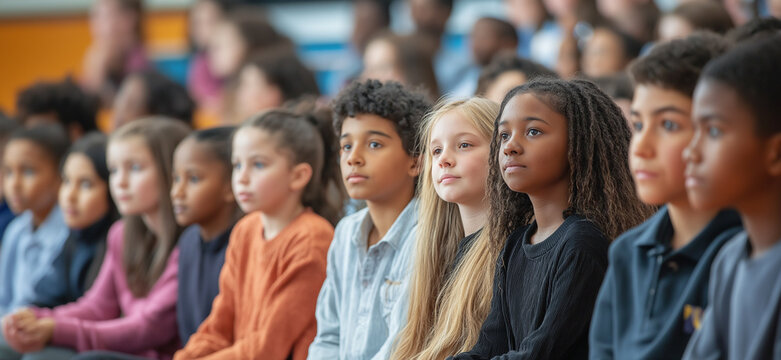 Diverse group of elementary school students sitting together in bleachers, attentively listening to a presentation during a school assembly