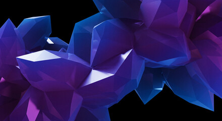 Abstract low poly crystal formation with vibrant blue and purple hues against a black background.