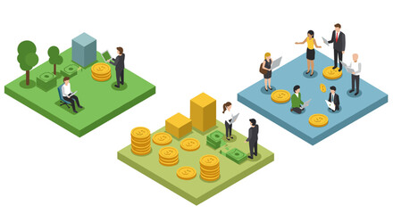 Isometric business growth concept with people and money on platforms