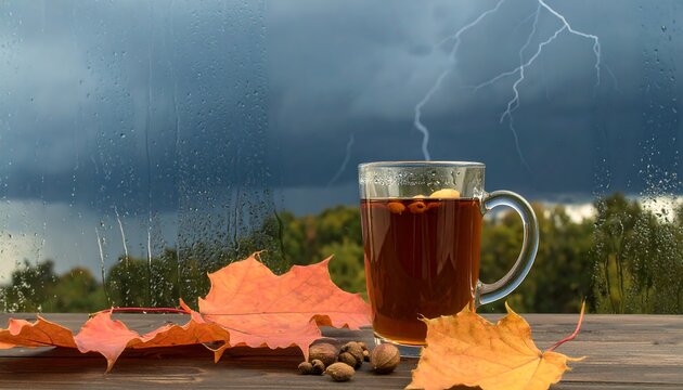 Autumn tea by the window during a storm - Powered by Adobe