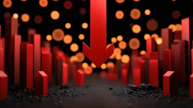 Red arrow bar graph financial crisis economic downturn business loss negative trend abstract dark background glowing lights dramatic concept with downward 3D bar graph economic loss decline decrease