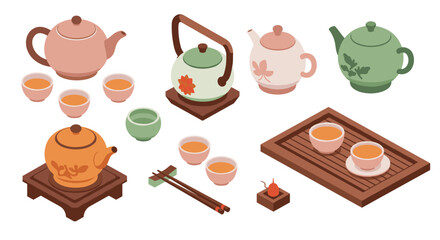 Cozy tea set collection with isometric design and various tea pots