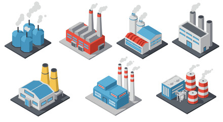 Isometric industrial buildings collection with factories and power plants