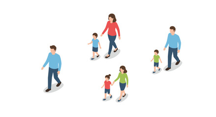 Isometric family walking: parents and children in casual outfits on white background
