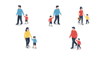 Isometric family walks: parents and children in casual outfits