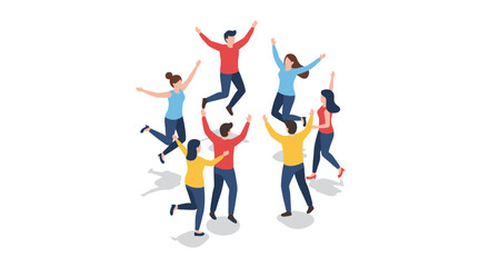 Colorful isometric celebration of friends rejoicing together in a group joyful gathering