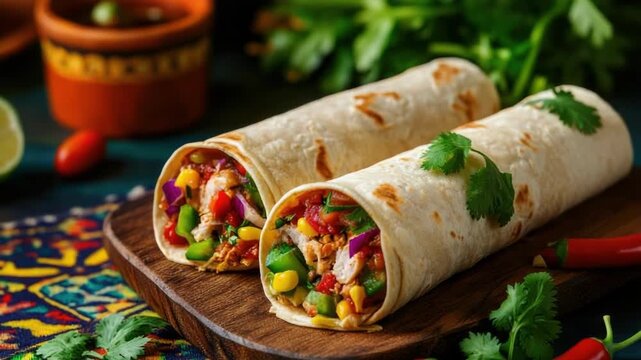 Delicious colorful vegetable burritos with fresh ingredients on wooden board. Cinco de Mayo, Battle of Puebla Day, Mexican Heritage Festival - Latin American Cultural Celebration