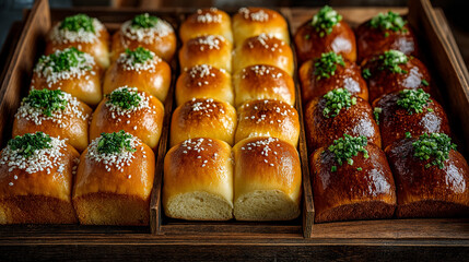 Freshly baked bread rolls arranged in a wooden tray, showcasing a variety of textures and toppings, including sesame seeds and green onions, perfect for culinary presentations