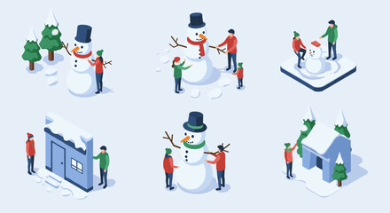 Isometric winter scene with snowmen and people interacting in snowy landscape