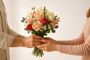 Man Giving Flowers to Woman - Romantic Gesture and Valentine's Day Surprise