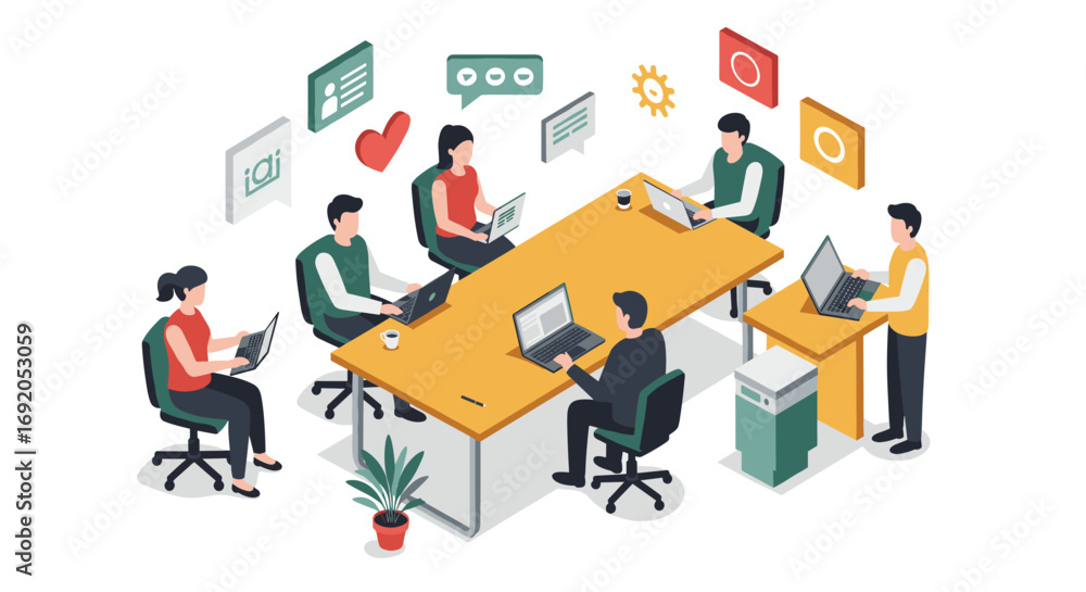 Poster collaborative teamwork in modern office setting with technology and communication tools