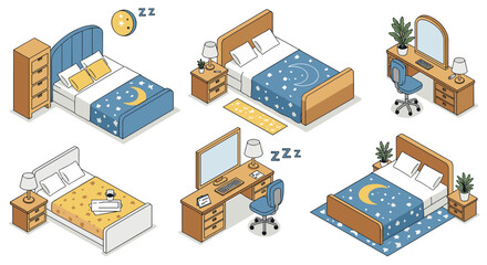 Obraz premium Cozy isometric bedroom and workspace with nighttime decor and furniture