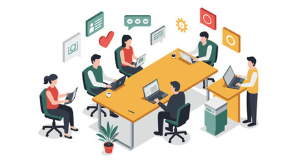 Collaborative teamwork in modern office setting with technology and communication tools