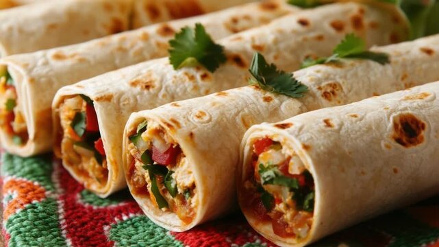 Fresh mexican burritos with colorful vegetables on vibrant textile background. Cinco de Mayo, Battle of Puebla Day, Mexican Heritage Festival - Latin American Cultural Celebration