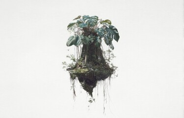 Floating island ecosystem, lush greenery, roots, and foliage on a white background