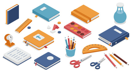 Isometric office and school supplies collection in vibrant colors