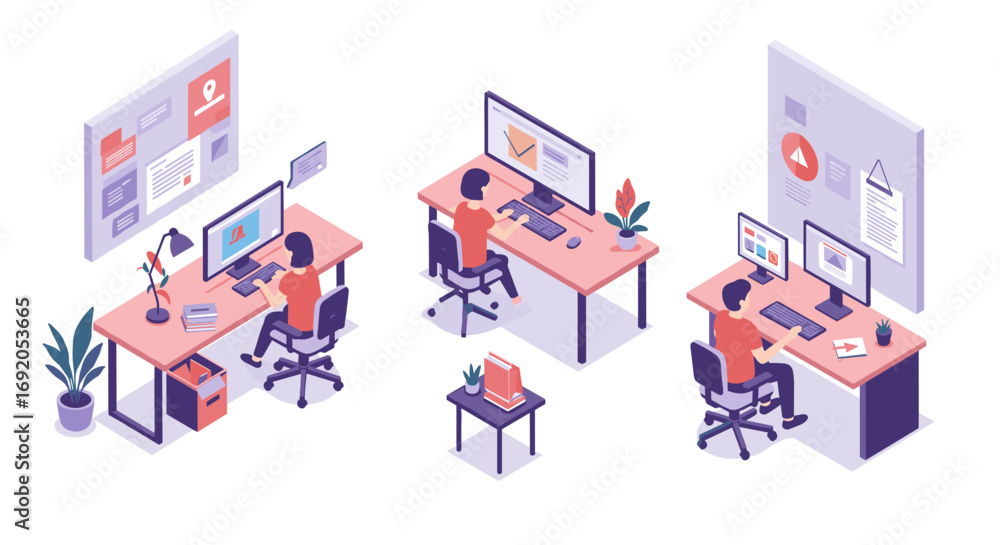 Poster modern isometric office space with employees working at desks and computers