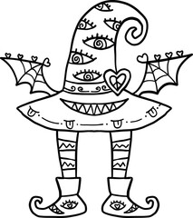halloween cute cartoon. Whimsical doodle of a witch hat with eyes, wings, legs, and boots.