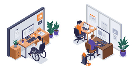 Remote work collaboration in modern office with diverse employees in isometric style
