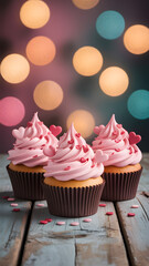Three pink frosted cupcakes with bokeh lights background