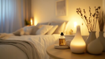 Elegant bedroom with aromatherapy elements: essential oil diffuser, soft linens, light neutral colors, and gentle ambient lighting for stress relief