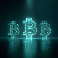 Fototapeta premium Glowing neon bitcoin symbols reflecting on a dark surface symbolizing digital currency future