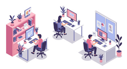 Modern office workspace with people working at desks in isometric design