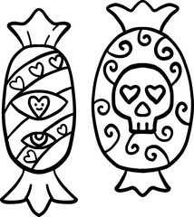 halloween cute cartoon. Two decorated candies with hearts, eyes, and a skull in black outline.