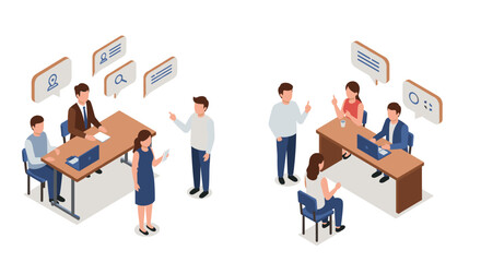 Isometric office team meeting and collaboration with digital communication