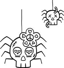 halloween cute cartoon. Cartoon spiders with skull-shaped bodies hanging from webs in black and white.