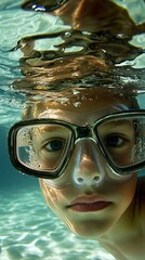 Fototapeta premium Young adventurer's curious gaze through a snorkel mask, immersed in the clear, serene underwater world