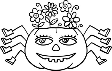 halloween cute cartoon. Cartoon spider with a smiling jack-o'-lantern head and flowers growing from it.