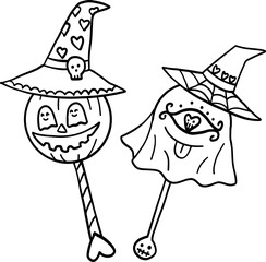 halloween cute cartoon. Two Halloween lollipops with witch hats and spooky faces in black and white.