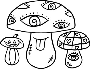 halloween cute cartoon. Three surreal mushrooms with eyes, patterns, and whimsical decorations.