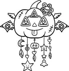 halloween cute cartoon. Cute Halloween pumpkin with wings and dangling charms for coloring.