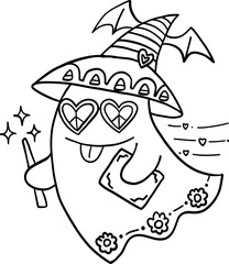 halloween cute cartoon. Cute ghost wearing a witch hat with heart eyes and holding a magic wand.