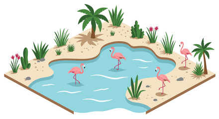 Tropical oasis with flamingos in isometric design featuring lush greenery and tranquil waters