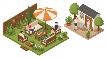 Cozy backyard gathering with friends and family in isometric style
