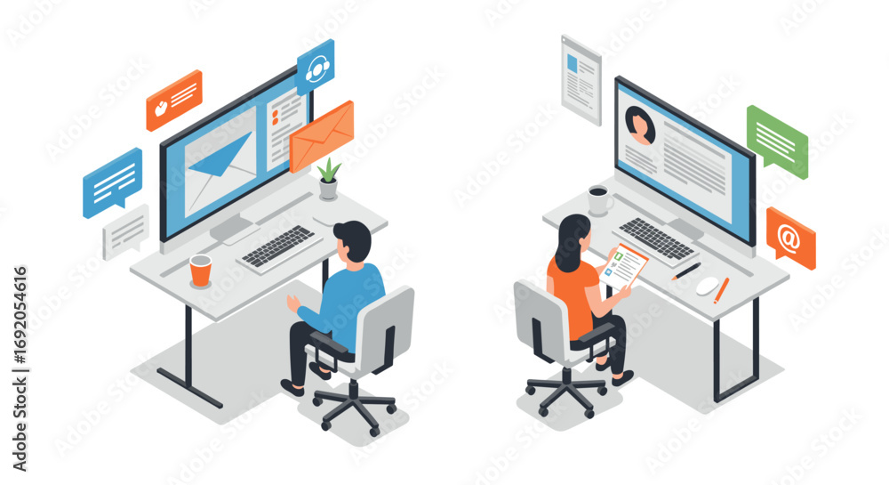 Poster isometric office workspace with people communicating and working on computers