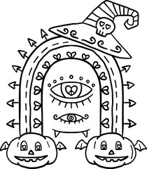 halloween cute cartoon. Halloween-themed arch with eyes, pumpkins, arrows, and a witch hat with skull.