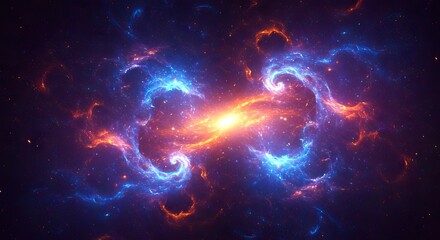 A vivid depiction of a nebula in space featuring swirling blue and orange hues and a central bright star