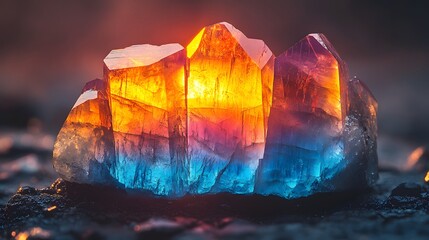 Close up of glowing faceted crystals illuminated with vibrant orange yellow pink and blue light