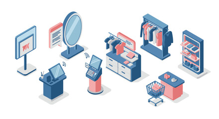 Isometric retail store elements with shopping cart, payment terminal, and clothing displays