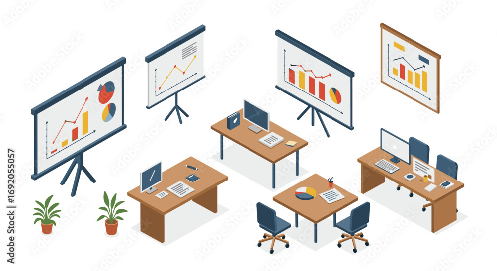 Poster isometric office workspace with graph presentation and modern computers