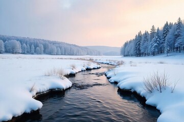 Serene winter landscape in the countryside  Snow-covered fields stretch to a distant, snow-dusted forest under a pale winter sky  Frozen creek meanders through the scene ,  idyllic,  serene