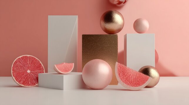 Minimal cosmetic and grapefruit product scene with geometric shapes on pastel pink background