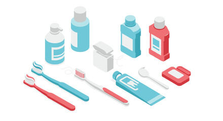 Fototapeta premium Isometric dental care set with toothbrushes, toothpaste, and mouthwash