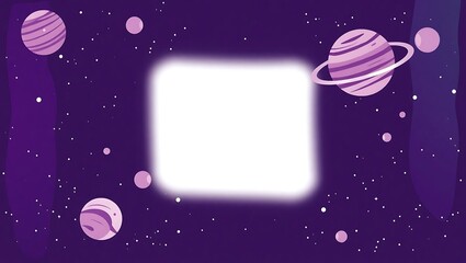 Fototapeta premium Cosmic abstract flat background with planets and space motifs, dark purple tones, central white zone
