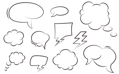 Comic speech bubbles, hand drawn doodle set. Empty different shapes clouds and frames for text. Dialog boxes bunch, black outline, vector elements